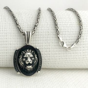 925 Ayar Gümüş Siyah Taşlı Aslan Figürlü Kral Zincir Kolye