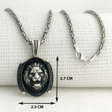 925 Ayar Gümüş Siyah Taşlı Aslan Figürlü Kral Zincir Kolye