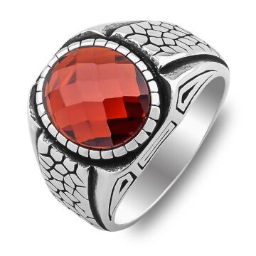 Oval Kırmızı Zirkon Taşlı Desenli 925 Ayar Gümüş Yüzük