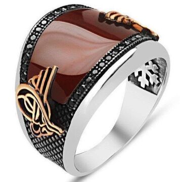 925 Ayar Gümüş Osmanlı Tuğralı Kırmızı Akik Taşlı Yüzük