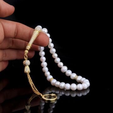 AYYILDIZ MODEL ALTIN KAPLAMA ZİRKON TAŞLI GÜMÜŞ SET İNCİ TAŞLI TESBİH