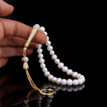 AYYILDIZ MODEL ALTIN KAPLAMA ZİRKON TAŞLI GÜMÜŞ SET İNCİ TAŞLI TESBİH