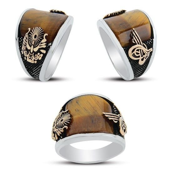 925 Ayar Gümüş Osmanlı Devlet Armalı Kaplan Gözü Taşlı Yüzük