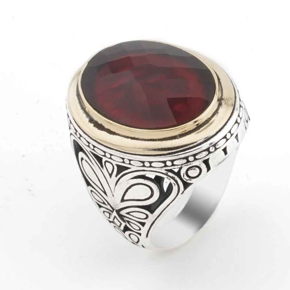 Kırmızı Oval Zirkon  Taşlı Gümüş Erkek Yüzük