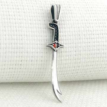 925 Ayar Kırmızı Taşlı Zülfikar Gümüş Kolye Ucu
