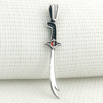 925 Ayar Kırmızı Taşlı Zülfikar Gümüş Kolye Ucu