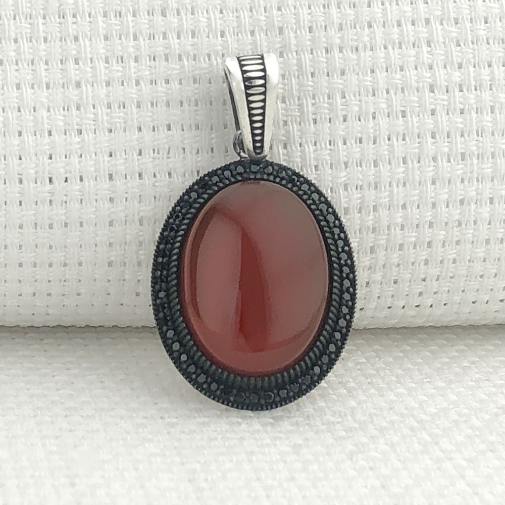 925 Ayar Kırmızı Akik Taşlı Gümüş Kolye Ucu