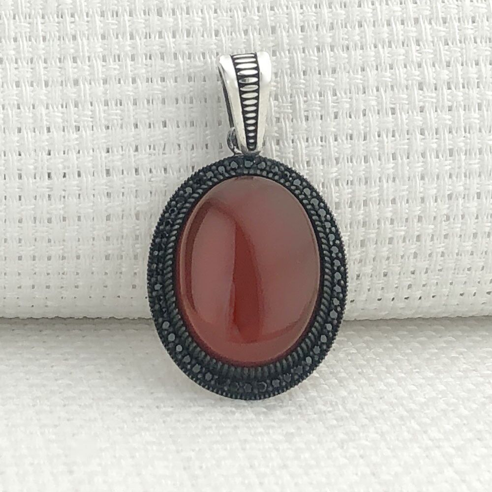 925 Ayar Kırmızı Akik Taşlı Gümüş Kolye Ucu