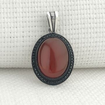 925 Ayar Kırmızı Akik Taşlı Gümüş Kolye Ucu