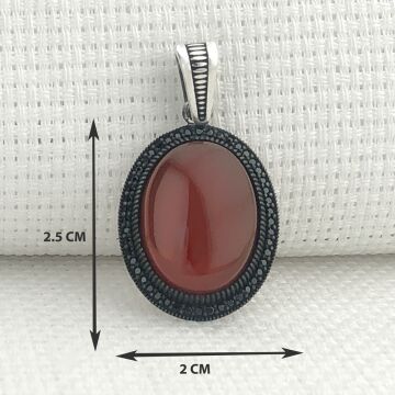 925 Ayar Kırmızı Akik Taşlı Gümüş Kolye Ucu