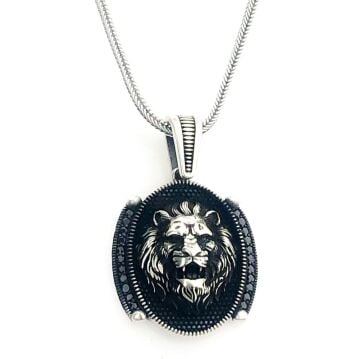 925 Ayar Gümüş Siyah Taşlı Aslan Figürlü Kolye
