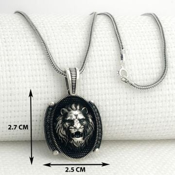 925 Ayar Gümüş Siyah Taşlı Aslan Figürlü Kolye