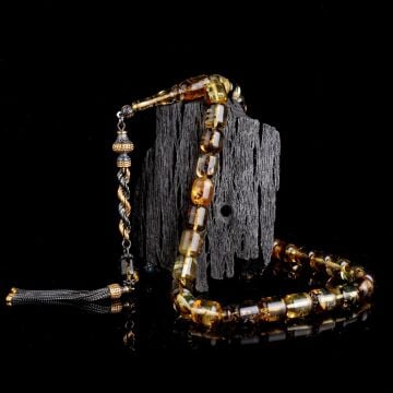 Çift Renk Gümüş Püsküllü Kapsül Kesim Fosilli Damla Kehribar Tesbih