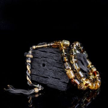 Çift Renk Gümüş Püsküllü Kapsül Kesim Fosilli Damla Kehribar Tesbih