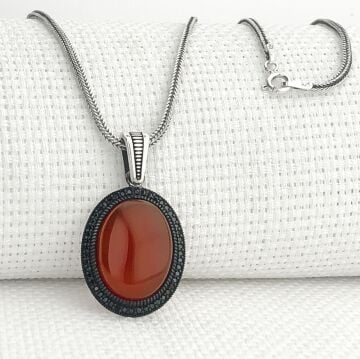 925 Ayar Kırmızı Akik Taşlı Gümüş Kolye