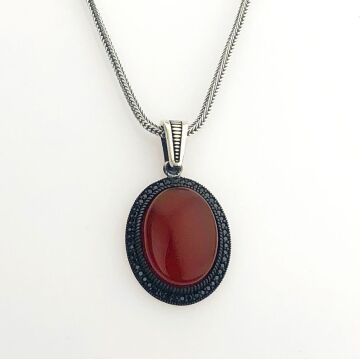 925 Ayar Kırmızı Akik Taşlı Gümüş Kolye