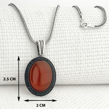 925 Ayar Kırmızı Akik Taşlı Gümüş Kolye