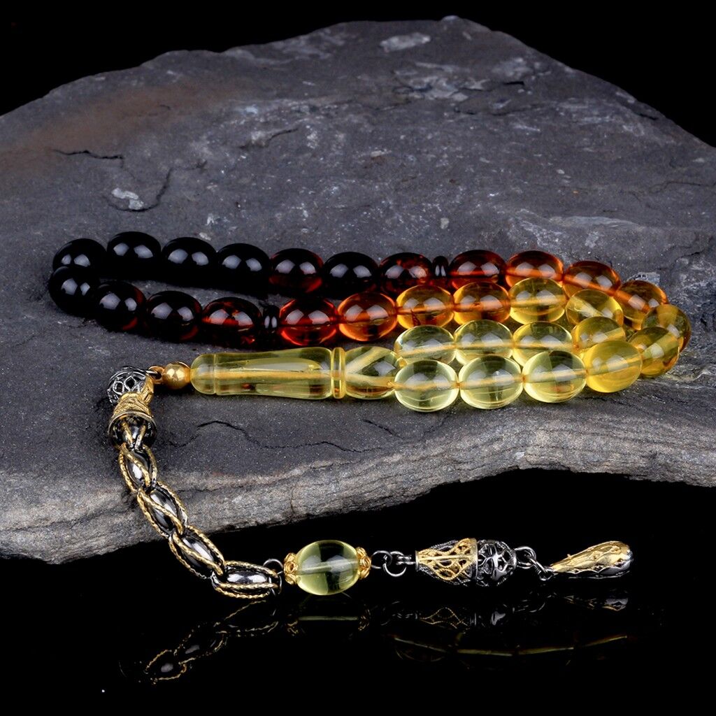 Çift Renk Gümüş Püsküllü Süzme Damla Kehribar Tesbih