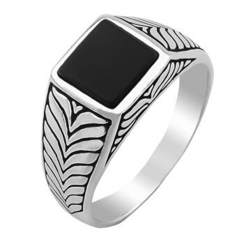 Kare Siyah Oniks Taşlı 925 Ayar Gümüş Yüzük