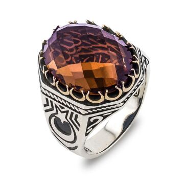 Zultanit Taşlı La Galibe İllallah Yazılı Ayyıldız Tasarımlı Gümüş Erkek Yüzük