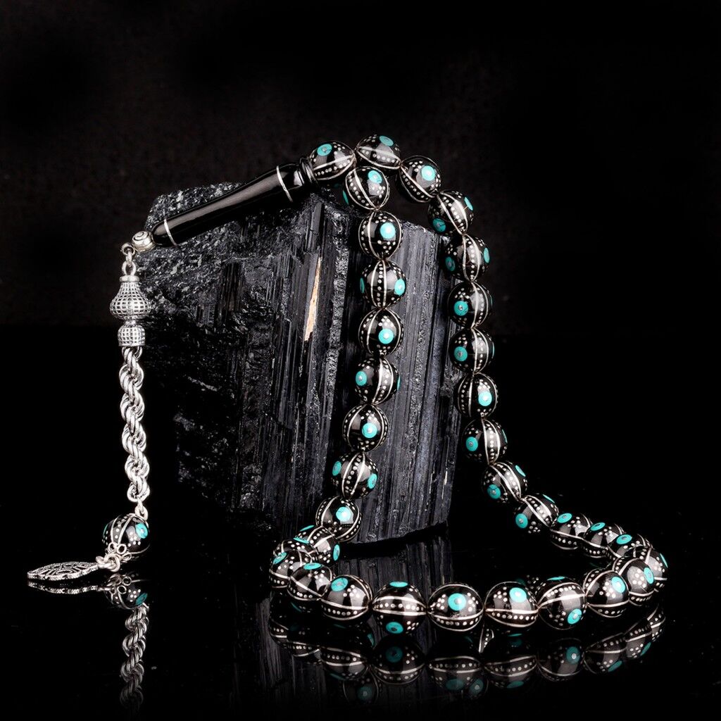 Erzurum Oltu Taşı Üzerine Firuze İşleme 925 Ayar Gümüş Püsküllü Tesbih