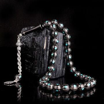 Erzurum Oltu Taşı Üzerine Firuze İşleme 925 Ayar Gümüş Püsküllü Tesbih