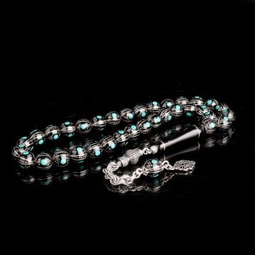 Erzurum Oltu Taşı Üzerine Firuze İşleme 925 Ayar Gümüş Püsküllü Tesbih