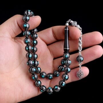 Erzurum Oltu Taşı Üzerine Firuze İşleme 925 Ayar Gümüş Püsküllü Tesbih