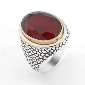 925 ayar Gümüş Oval Kırmızı  Zirkon Taşlı Desenli Erkek Yüzük