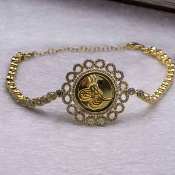 Altın Kaplama Tuğralı  Sonsuzluk Çerçeveli Gümüş Bileklik