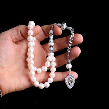 Gümüş Püsküllü Ayyıldız Mineli Model 10 mm Nakkaş İmameli İnci Taşı Tesbih