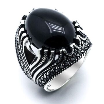 925 Ayar Gümüş Siyah Bombeli  Oniks Taşlı Yüzük