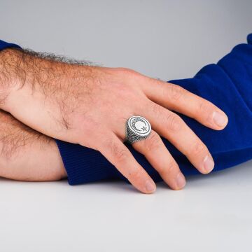 Kelimei Tevhid Yazılı Ay Yıldız Tasarımlı 925 Ayar Gümüş Yüzük