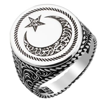 Kelimei Tevhid Yazılı Ay Yıldız Tasarımlı 925 Ayar Gümüş Yüzük