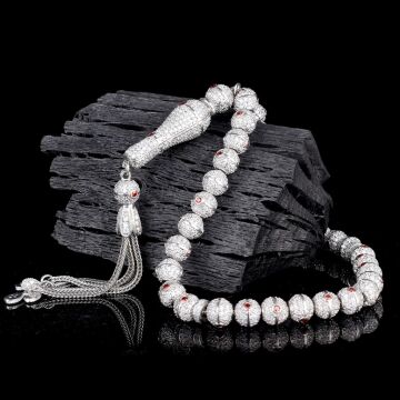 KIRMIZI BEYAZ RENK ZİRKON TAŞ İŞLEMELİ TAMAMI 925 AYAR GÜMÜŞ TESBİH