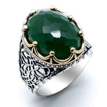 Yeşil Zirkon  Taşlı Kral Tacı Erkek Gümüş Yüzük