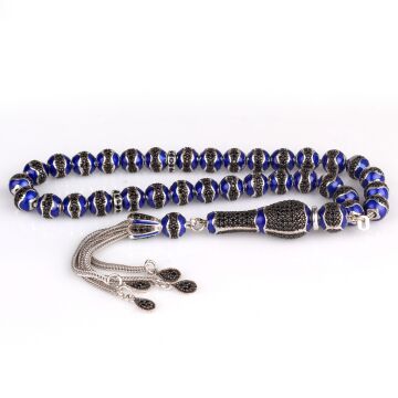 LACİVERT RENK MİNELİ ZİRKON TAŞLI 925 AYAR GÜMÜŞ TESBİH