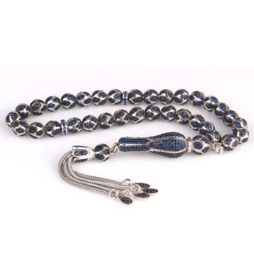 LACİVERT RENK ZİRKON TAŞ İŞLEMELİ TAMAMI 925 AYAR GÜMÜŞ TESBİH