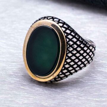 925 Ayar Gümüş Yeşil Akik Taşlı Erkek Yüzük