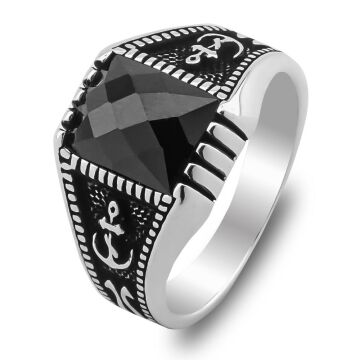 Siyah Zirkon Taşlı Deniz Çapalı 925 Ayar Gümüş Yüzük