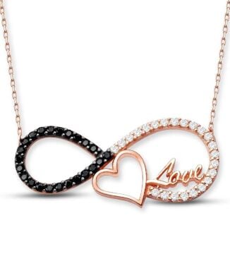 925 Ayar Gümüş Kalp ve Love Yazılı Sonsuzluk Kolye