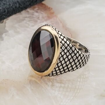 925 Ayar Gümüş Desenli Kırmızı Zirkon  Taşlı Gümüş Erkek Yüzük