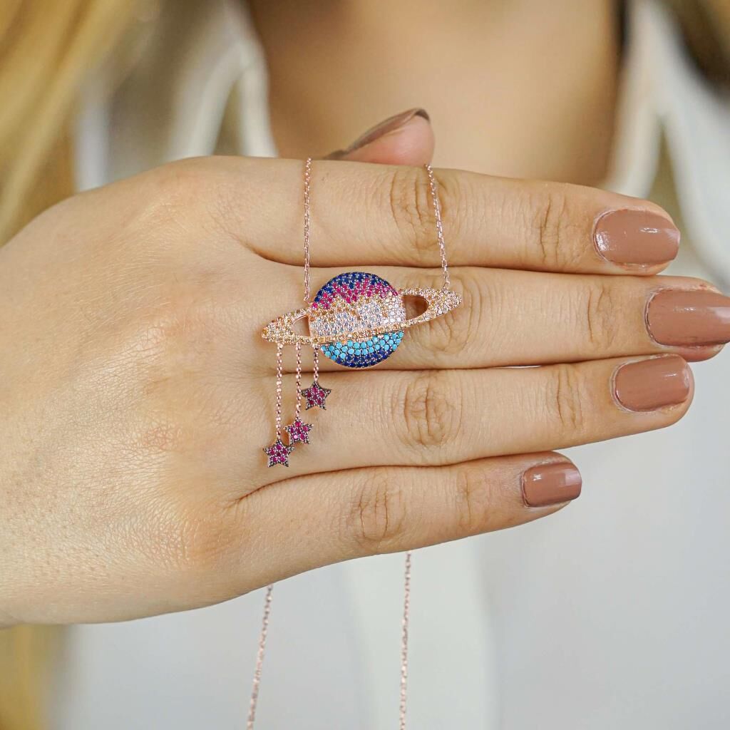 925 Ayar Gümüş Zirkon Taşlı Gezegen Kolye