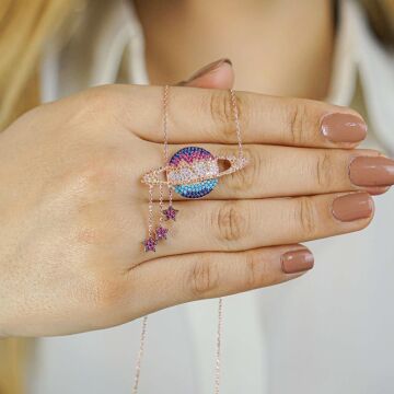 925 Ayar Gümüş Zirkon Taşlı Gezegen Kolye