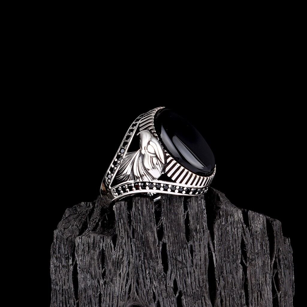 925 Ayar Gümüş Onix Taşlı Kartal Motifli Erkek Yüzük