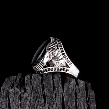 925 Ayar Gümüş Onix Taşlı Kartal Motifli Erkek Yüzük