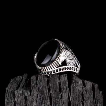 925 Ayar Gümüş Onix Taşlı Kartal Motifli Erkek Yüzük