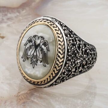 925 Ayar Gümüş  Sedef Taşlı Selçuklu Kartalı Yüzük