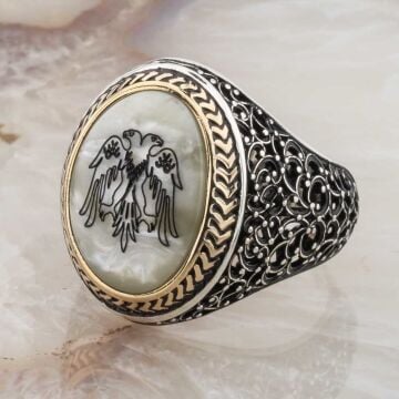 925 Ayar Gümüş  Sedef Taşlı Selçuklu Kartalı Yüzük
