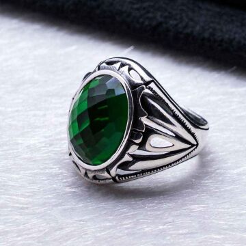 925 Ayar Gümüş Yeşil Zirkon  Taşlı Erkek Yüzük